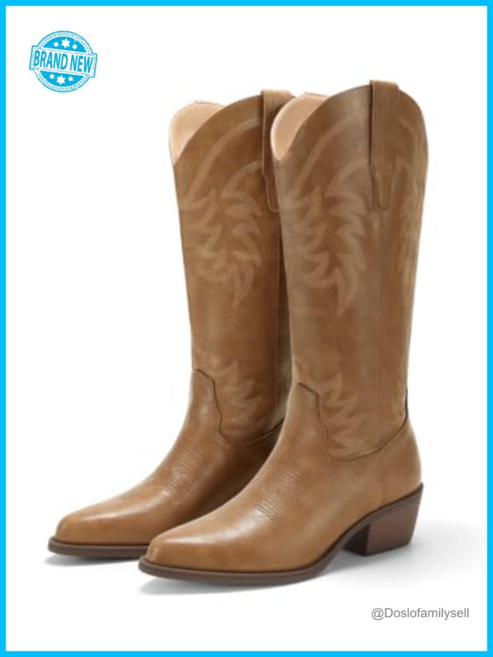 Womens Mid Calf Western Cowboy Boots Faux Leather Embroidered Chunky Heel
